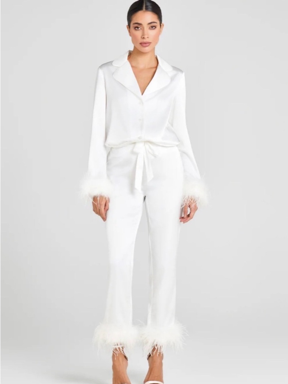 NADINE MERABI White Feather-Trim Satin Lounge Set White